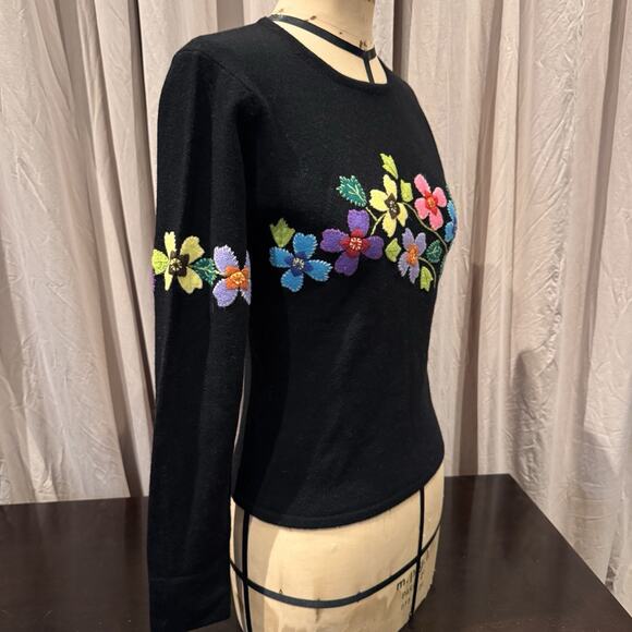 Vintage Unworn 100% Lambswool Hand Appliqué Flowers Sweater M - Picture 3 of 7